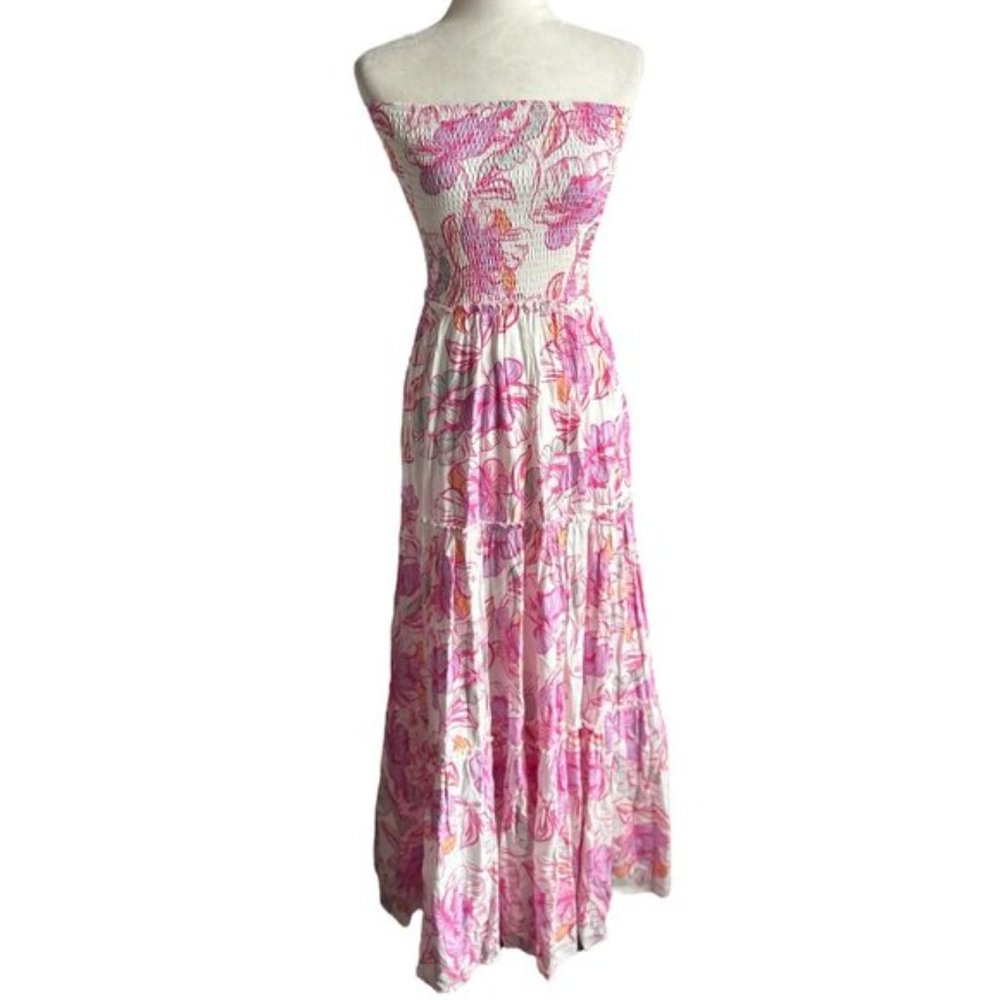 ANTHROPOLOGIE Abel The Label Strapless White & Pink Floral Maxi Dress  SZ  S